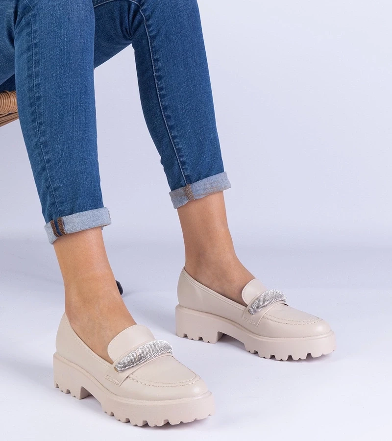 marka niezdefiniowana Beige women&#039;s loafers decorated with rhinestones Talentino