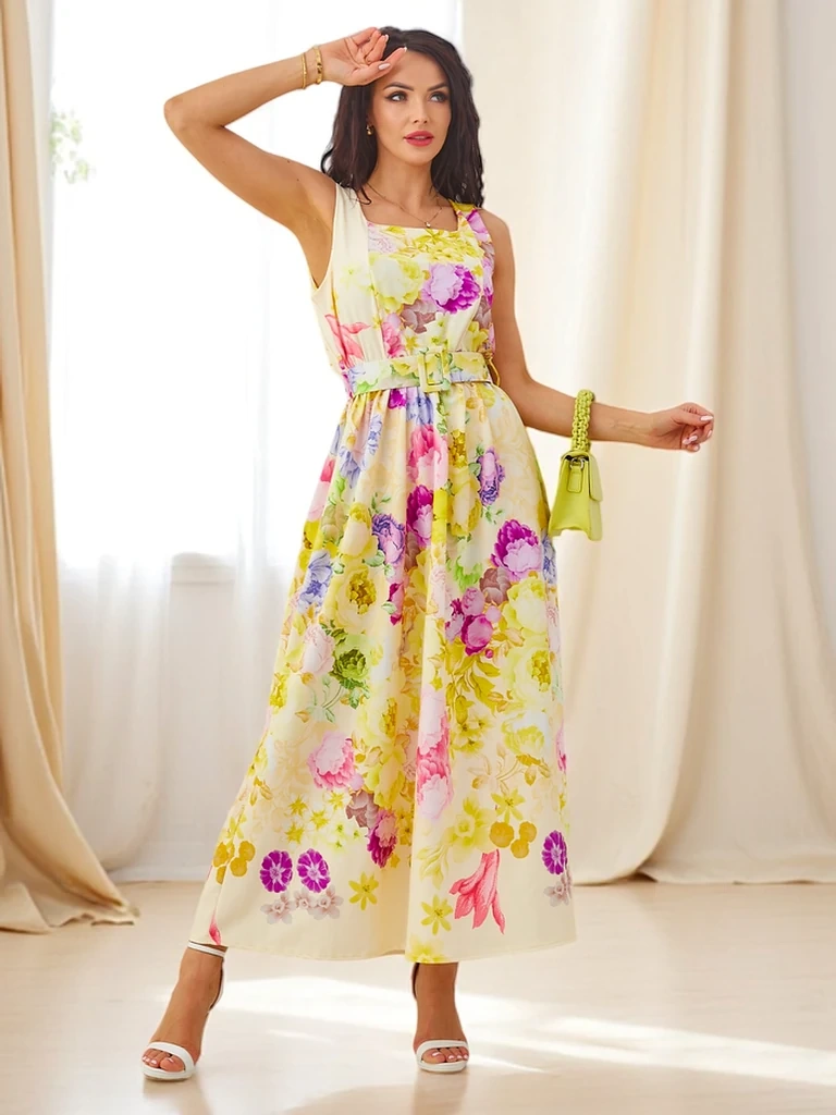 Resti Womens viscose midi dress with straps, featuring a belt in various floral prints