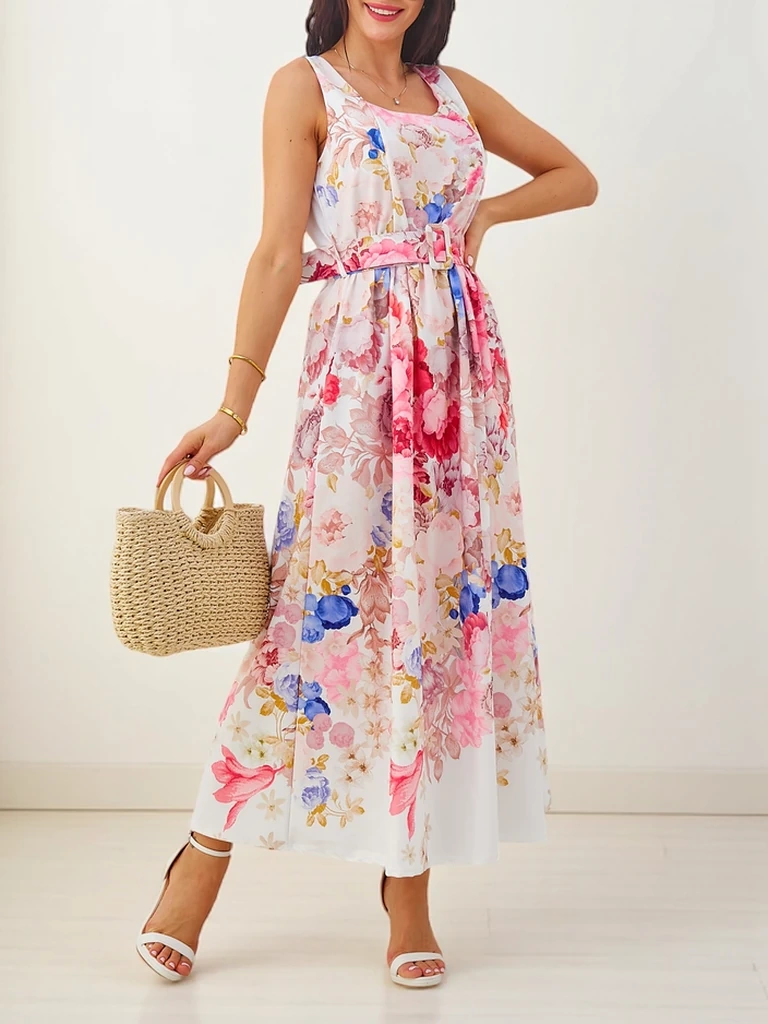 Resti Women's viscose midi dress with straps, with a belt in various flowers