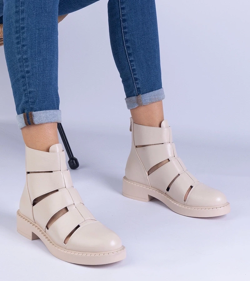 marka niezdefiniowana Beige ankle boots made of eco-leather with cutouts on a flat heel Kalipso