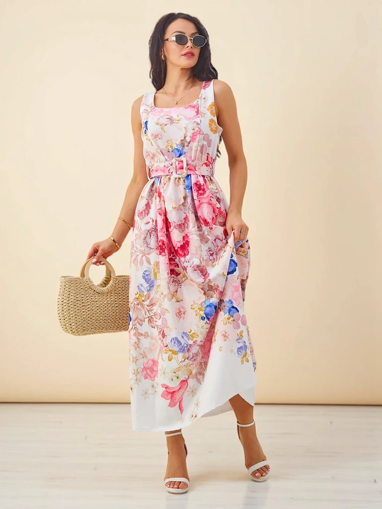 Resti Women's viscose midi dress with straps, with a belt in various flowers