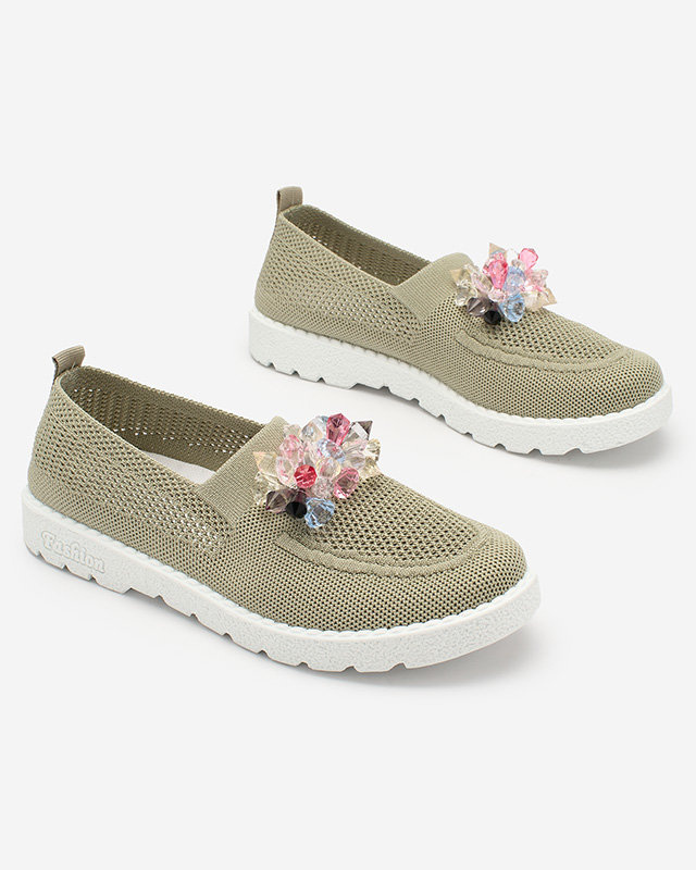 Resti Khaki women's fabric moccasins with crystals Fezens
