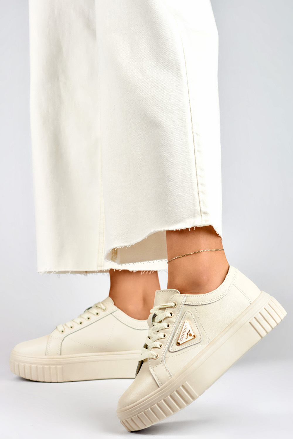 primohurt Beżowe buty sportowe damskie ze skóry naturalnej skórzane buty sportowe dla kobiet