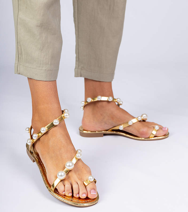 marka niezdefiniowana Gold women's sandals decorated with pearls Sarino
