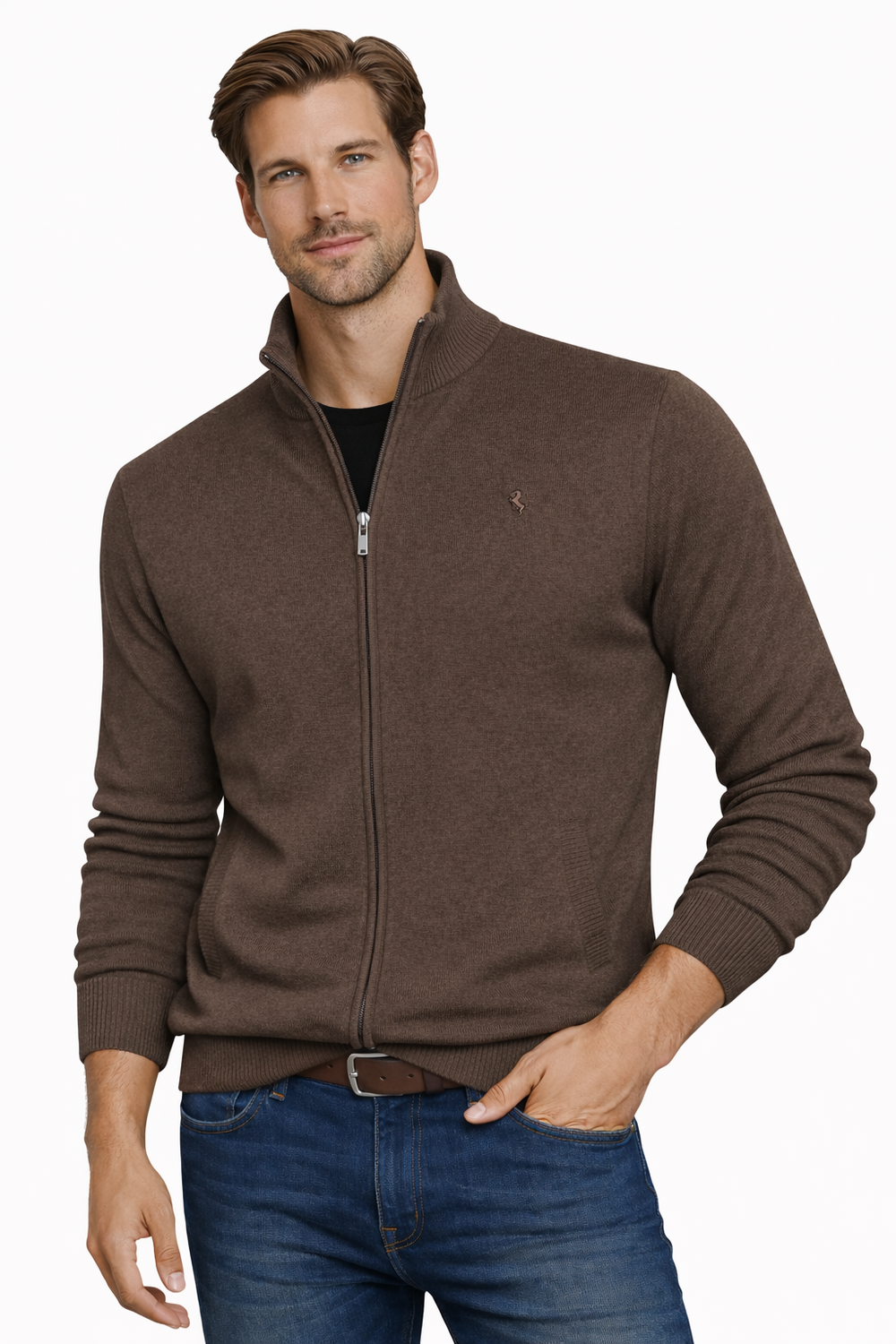 Мъжки пуловер с отворена врата - кафяв