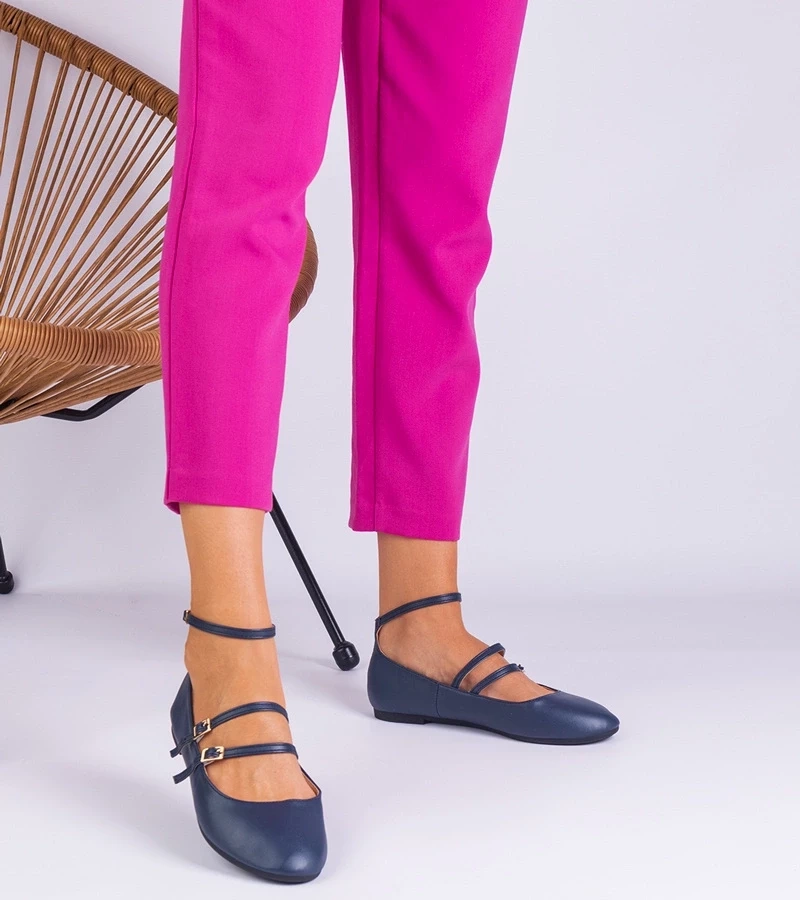 marka niezdefiniowana Navy blue eco-leather ballet flats with buckles Vitoldora