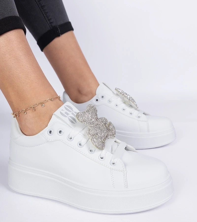 marka niezdefiniowana White women's sneakers decorated with a rhinestone teddy Karrot