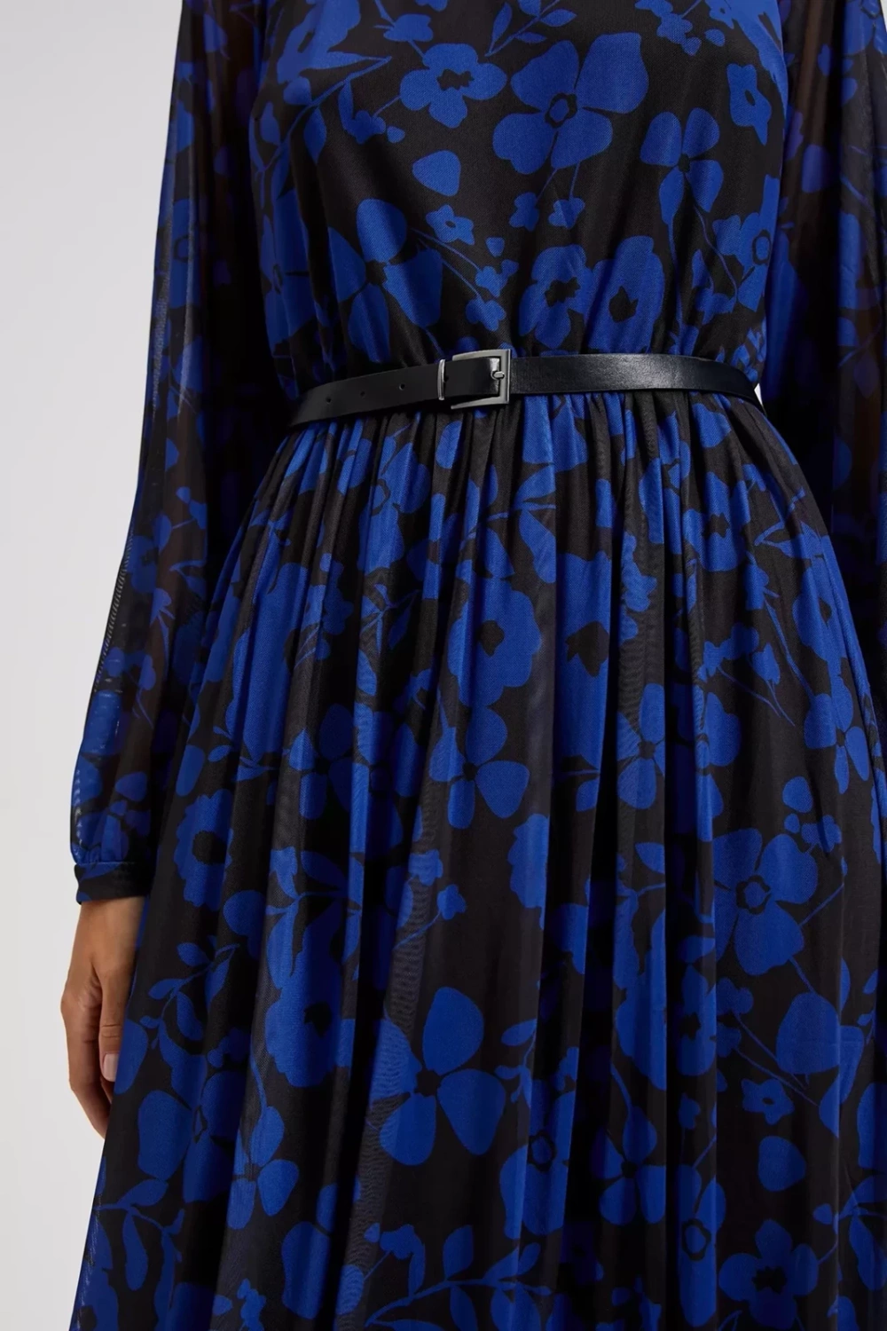 Marisse Blue Floral Print Dress With Belt