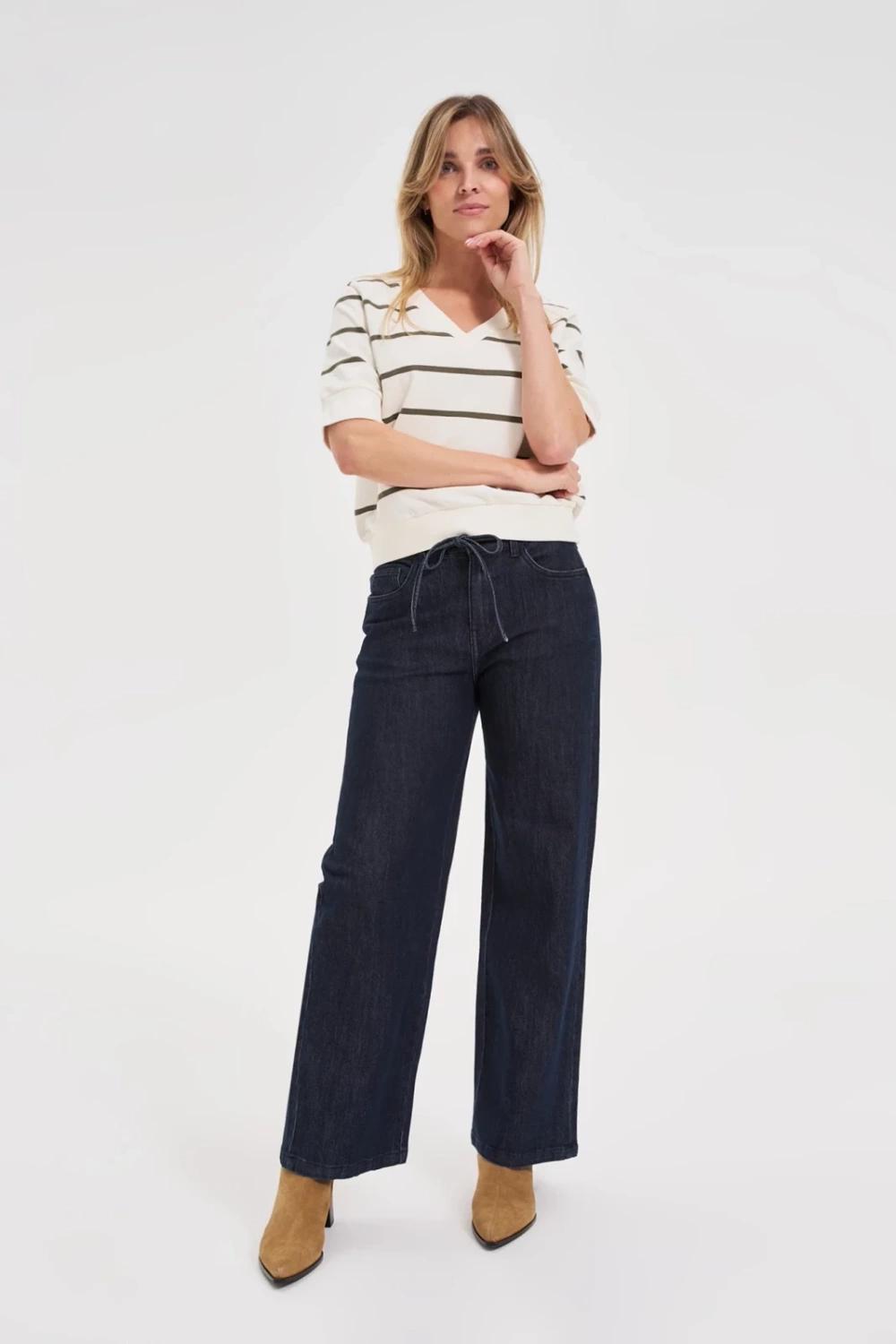Marisse Striped Sweatshirt With Short Sleeves, Ecru