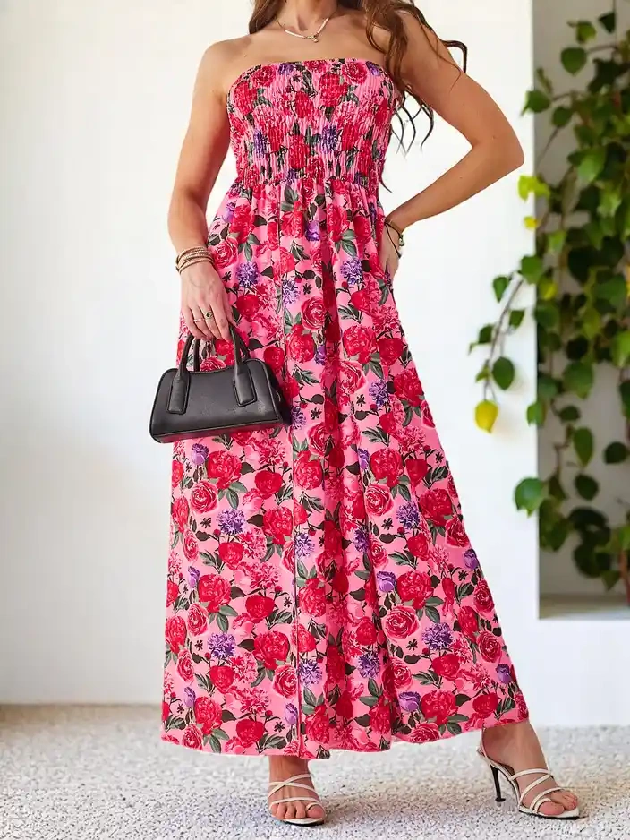 Resti Patterned womens midi dress without sleeves with a wide elastic band and slits at the bottom