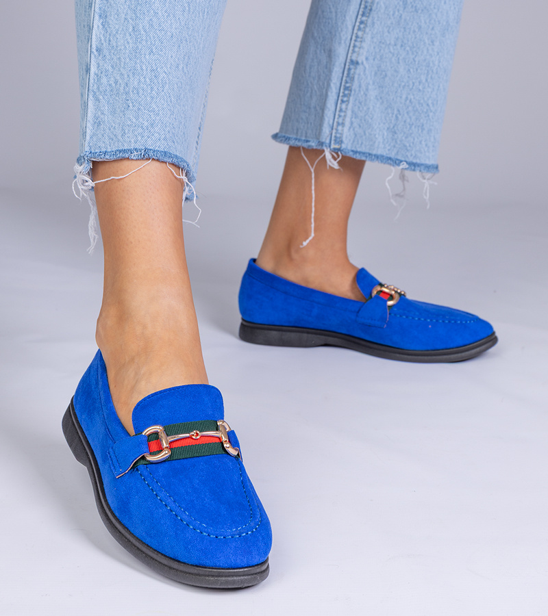 Gemre Mocasini albaștri din piele ecologică întoarsă cu ornament auriu Daliana