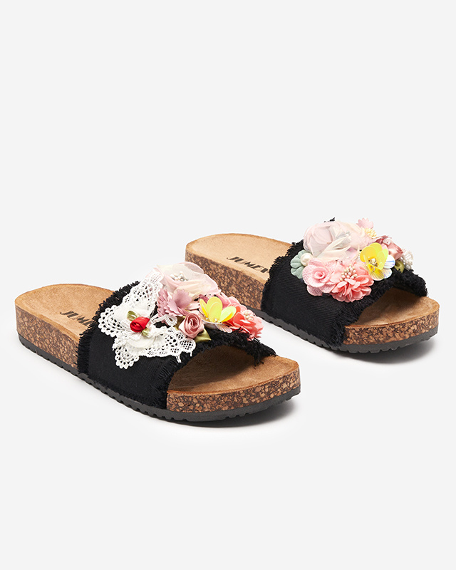 Resti Women's slippers with fabric flowers in black Ososi- Footwear