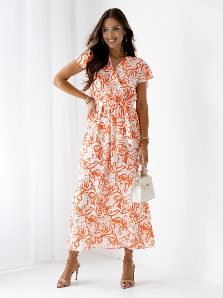 Resti Patterned Women's midi dress with short sleeves, a wrap neckline, and a belt