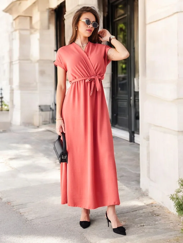 Resti Women's midi dress with a wrap neckline, short sleeves, and a belt