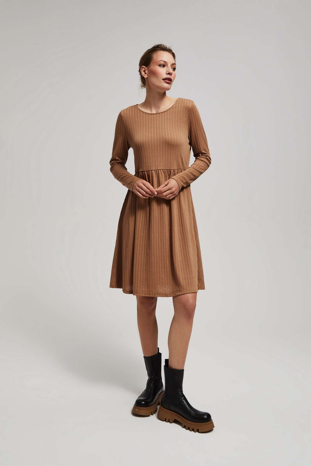 Marisse Dark Beige Dress With Long Sleeves And A Flared Bottom