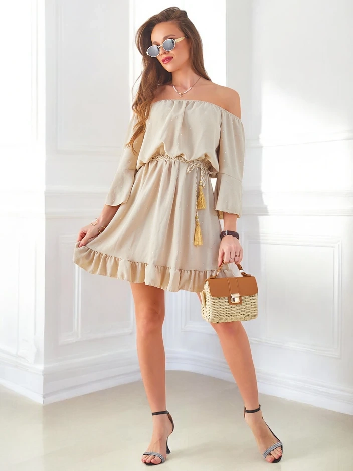 Resti Womens mini dress off-the-shoulder with long sleeves and rhinestones