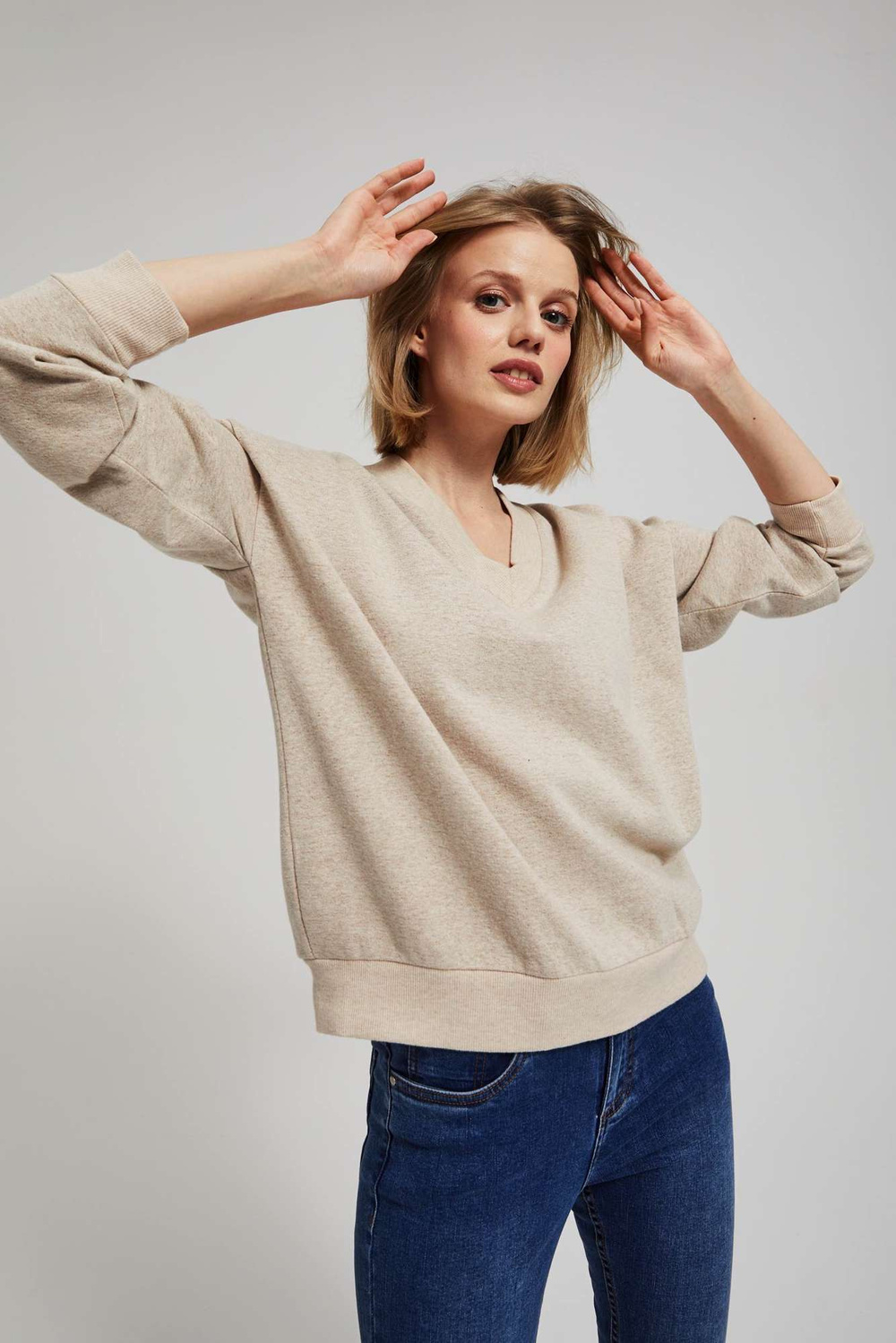 Marisse Sand V-Neck Sweatshirt