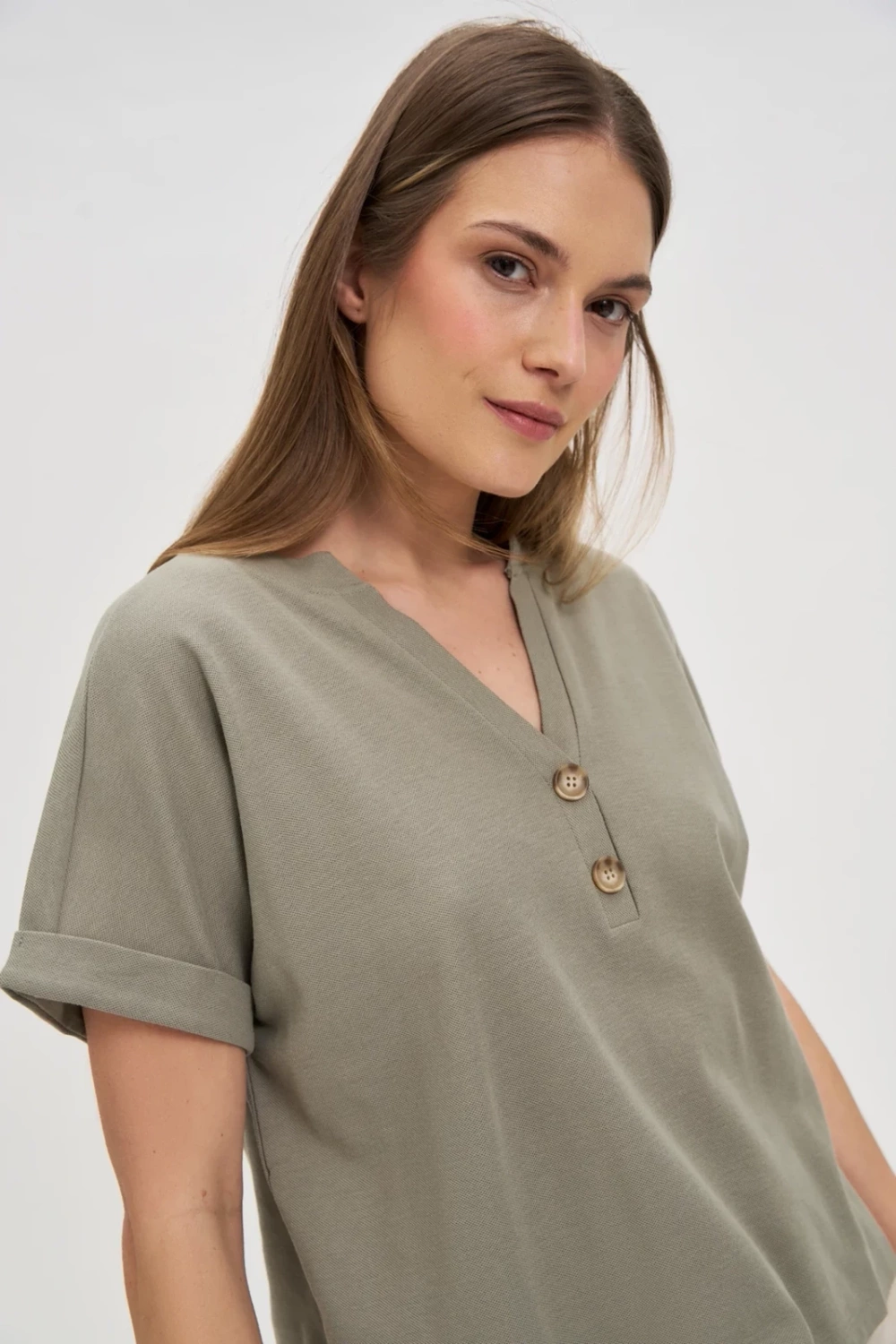 Marisse Olive Blouse With Buttons On The Neckline