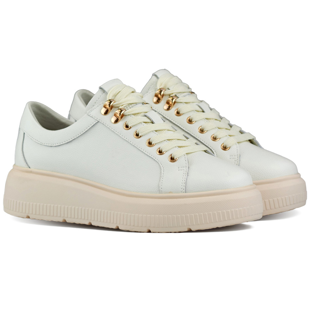 primohurt Beżowe skórzane buty damskie wiązane na platformie