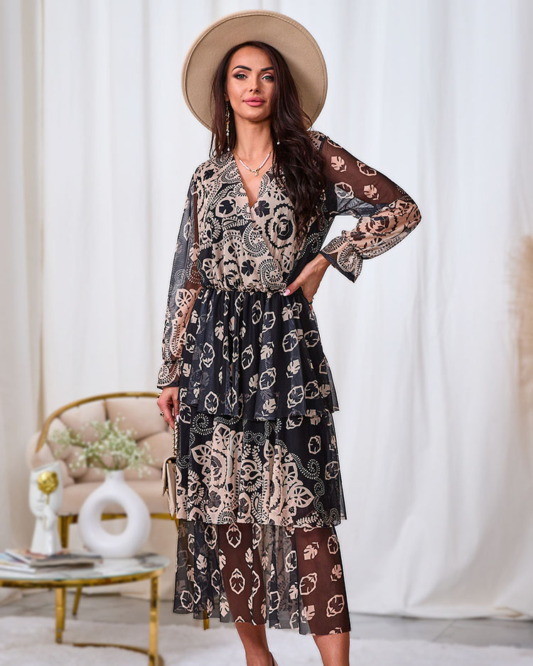 Resti Black and beige mesh midi dress with print