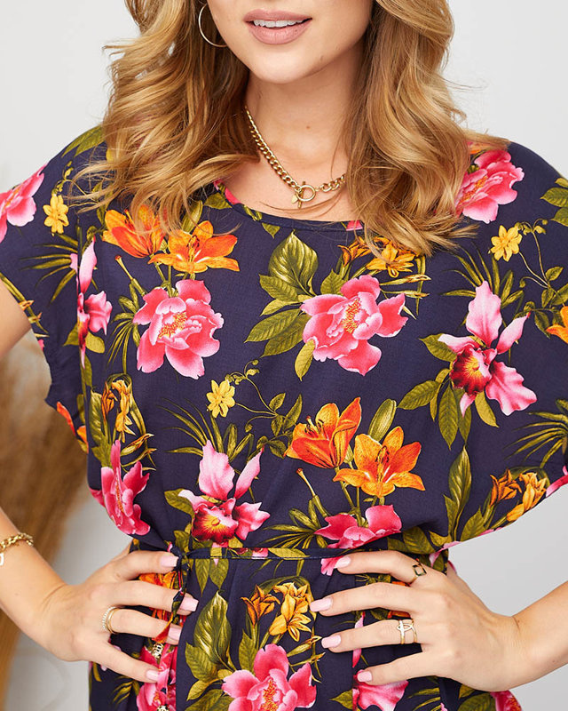 Resti Women's summer navy blue dress with colorful flowers - Clothing