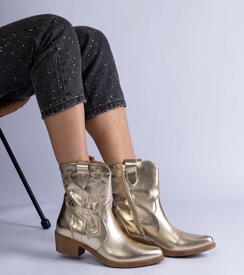 Gemre Botine de damă aurii cowboy cu toc gros peste gleznă metalice Madeira