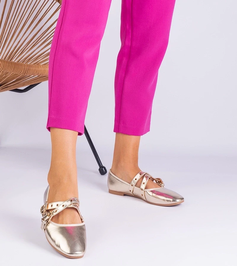 Gemre Balerini aurii din piele ecologică decorați cu catarame Emmarino