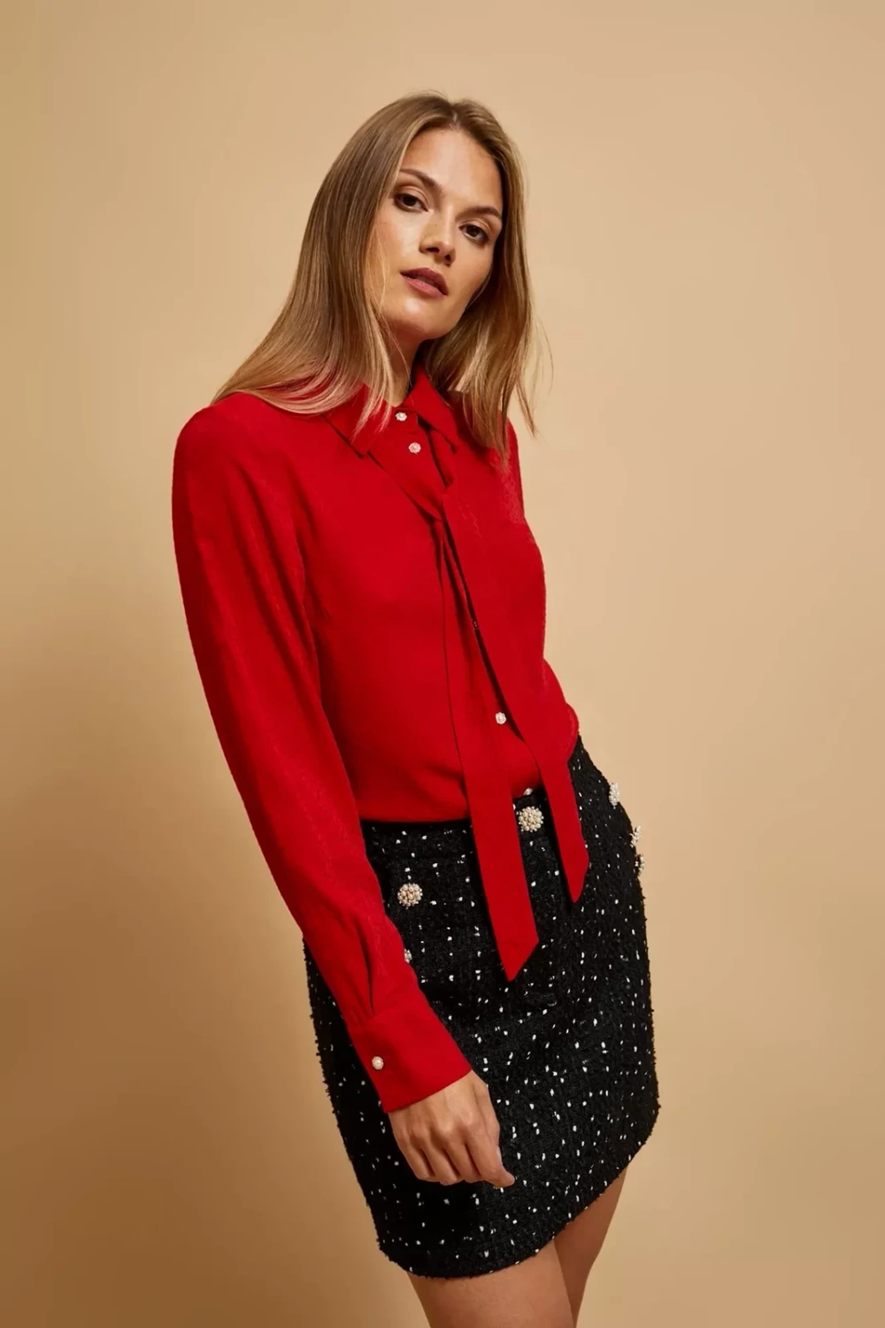 Marisse Red Tie-Neck Shirt