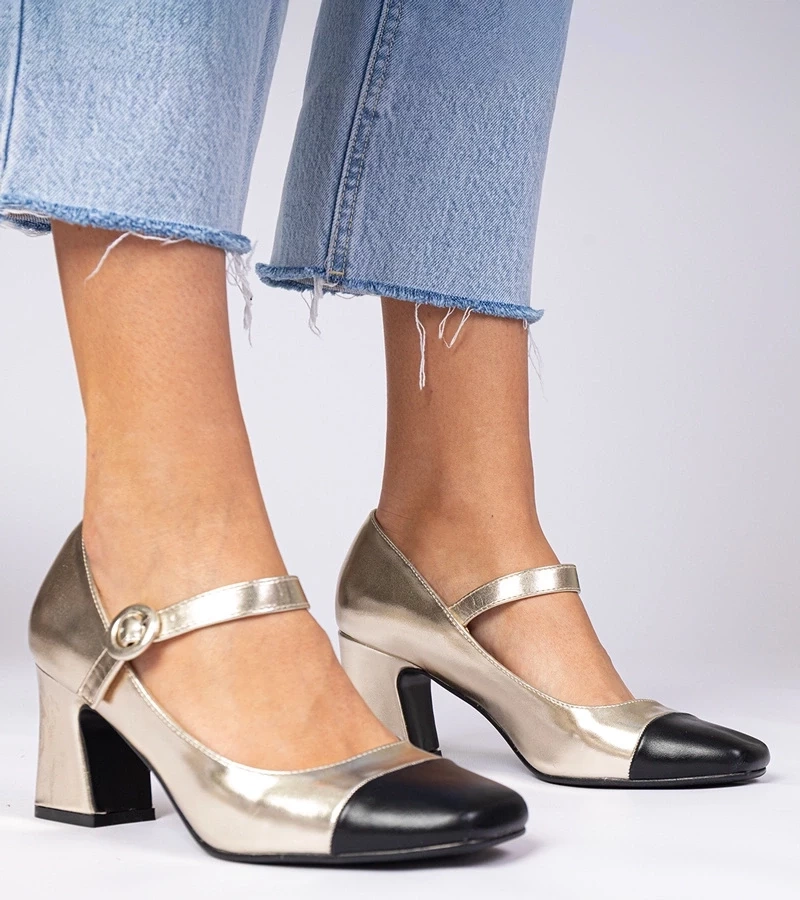 Gemre Pantofi aurii de damă cu vârf negru Radora