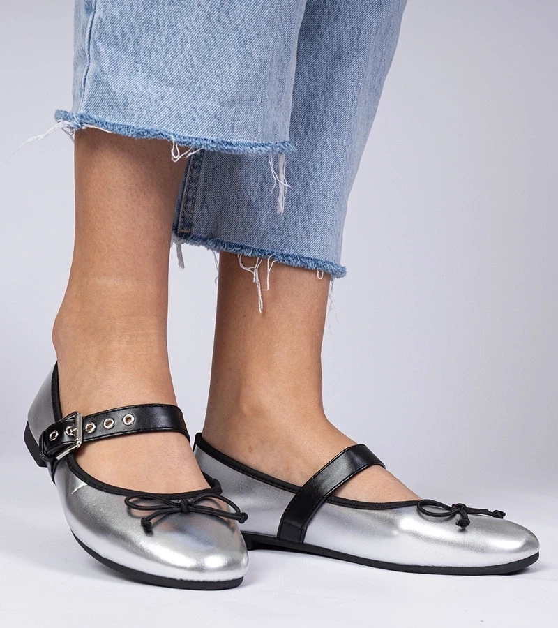 marka niezdefiniowana Silver women's ballet flats with bow Mansy