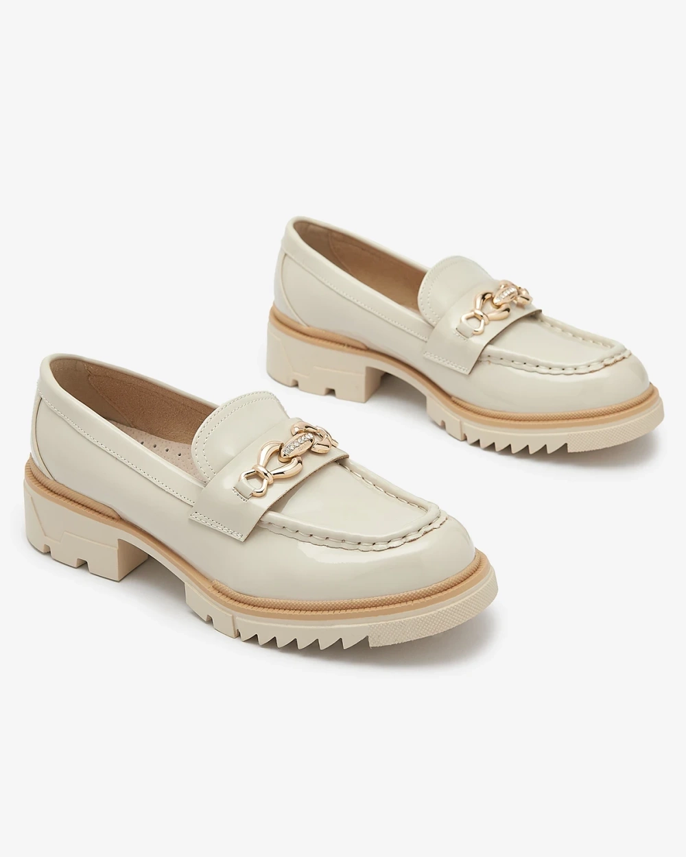 Resti Beige lacquered women&#039;s moccasins with chain Sotella - Footwear