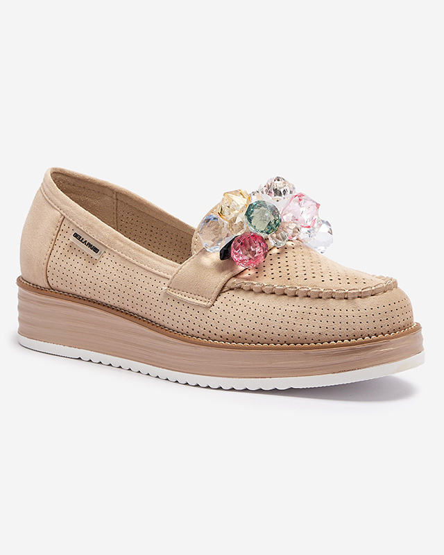 Resti Light brown women&#039;s moccasins with decorative crystals Liscutio- Footwear