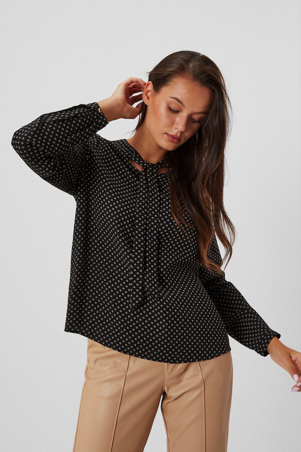 Marisse Patterned Shirt With Decorative Neckline Z-Ko-3629 Black