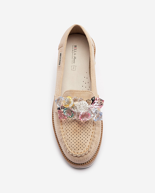Resti Light brown women&#039;s moccasins with decorative crystals Liscutio- Footwear