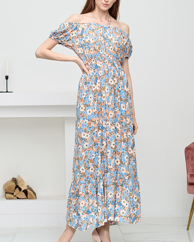 Resti Long orange summer dress for women with blue flowers - Clothing