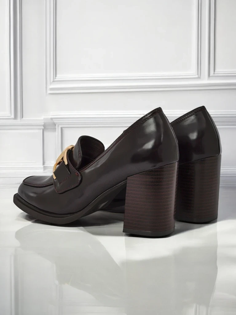 Resti Persephone Nero Women&#039;s Block Heel Loafers Eco Leather Gold Buckle
