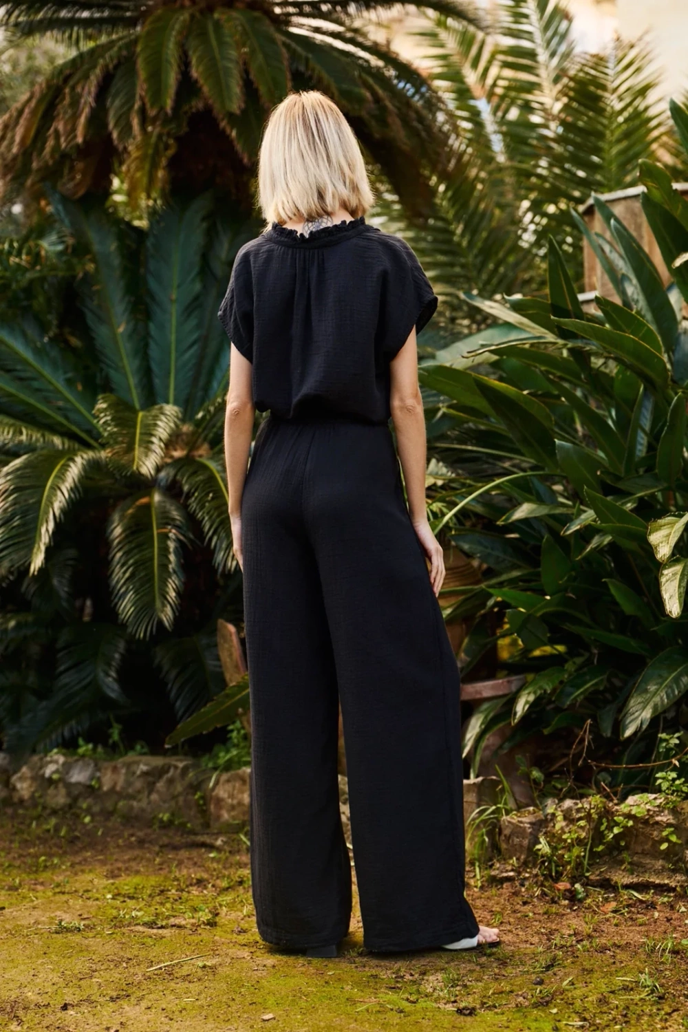 Marisse Black Cotton Wide-Leg Trousers