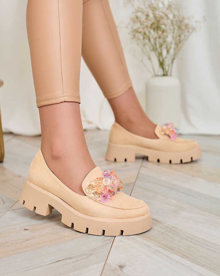 Resti Beige women&#039;s moccasins with colorful crystals Crystal Glam