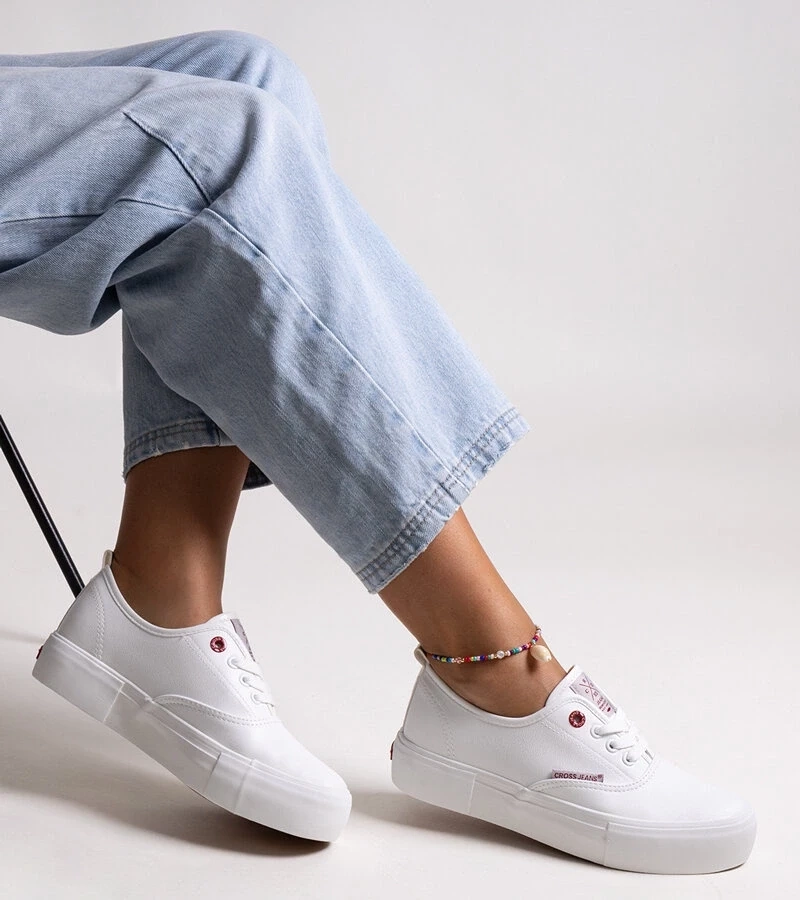Teniși albi de damă cu talpă groasă CROSS JEANS