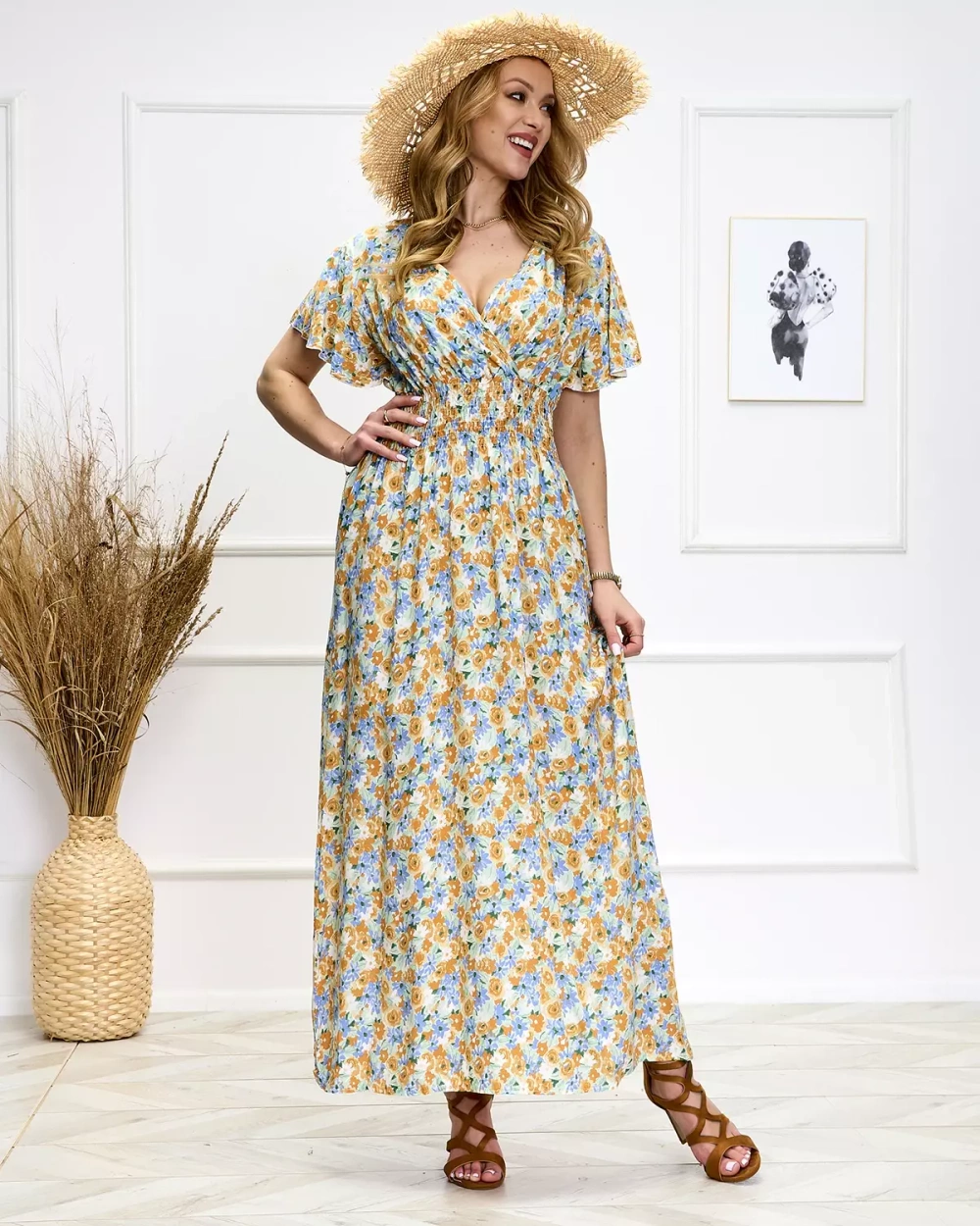 Resti Blue and yellow women's floral midi dress - Shoes
