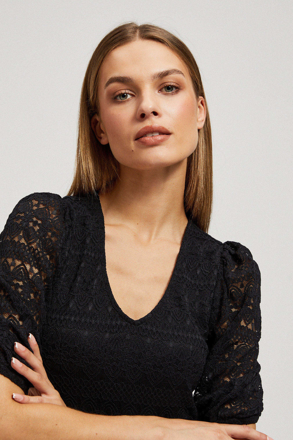 Marisse Lace Blouse With Puffed Sleeves, Black