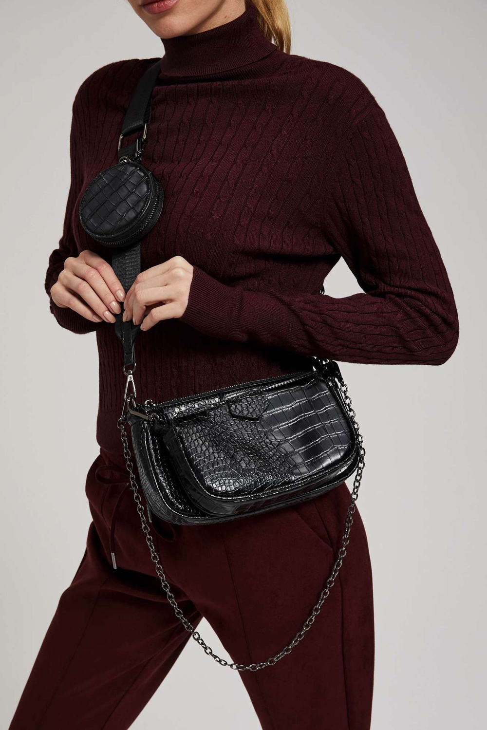 Marisse Imitation Snakeskin Shoulder Bag, Black