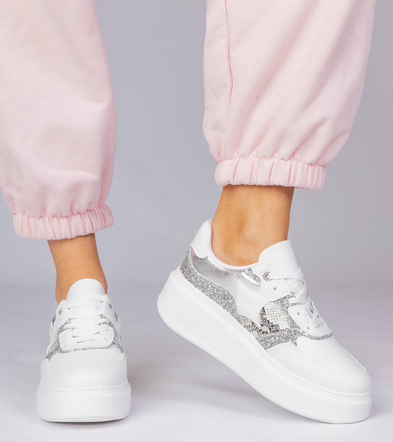 Gemre Adidași albi cu sclipici și imprimeu animal Bertula