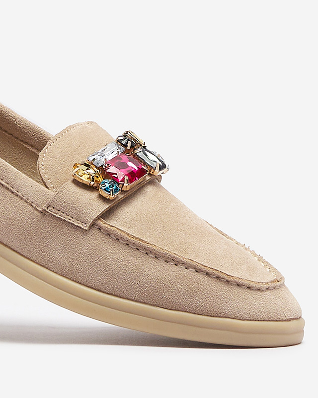 Resti Eco suede light brown women's moccasins with decorative crystals Nellens- Footwear