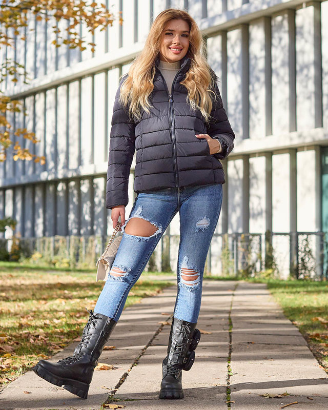 Resti Navy blue women's quilted jacket with hood and fur- Clothing