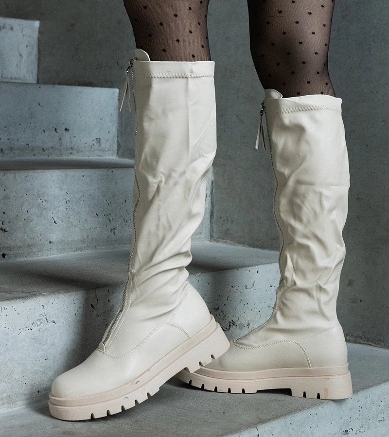 Gemre Cizme bej din piele ecologică cu toc plat decorate cu fermoar Hala