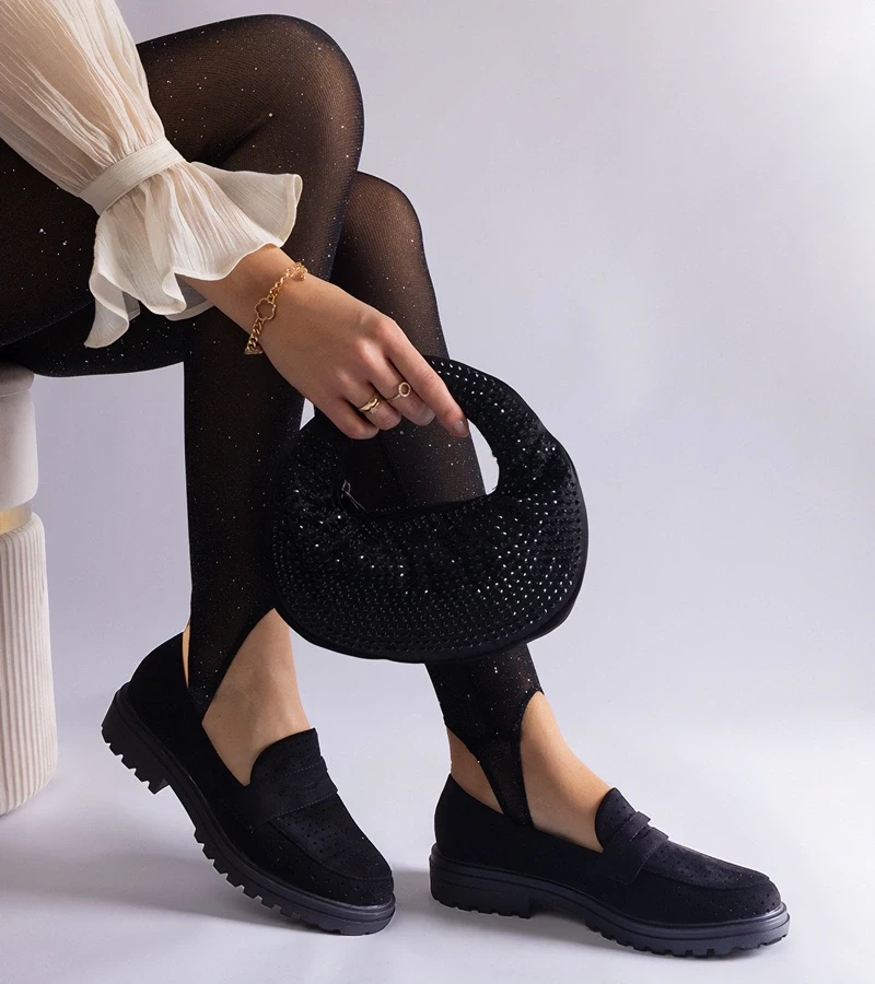 Gemre Pantofi mocasini din piele întoarsă ecologică Clausen negri și perforați