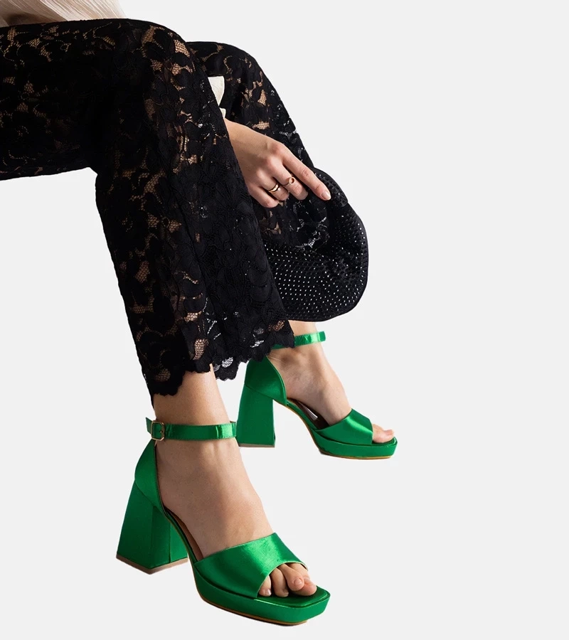 Gemre Sandale verzi din satin cu toc masiv Saucedo