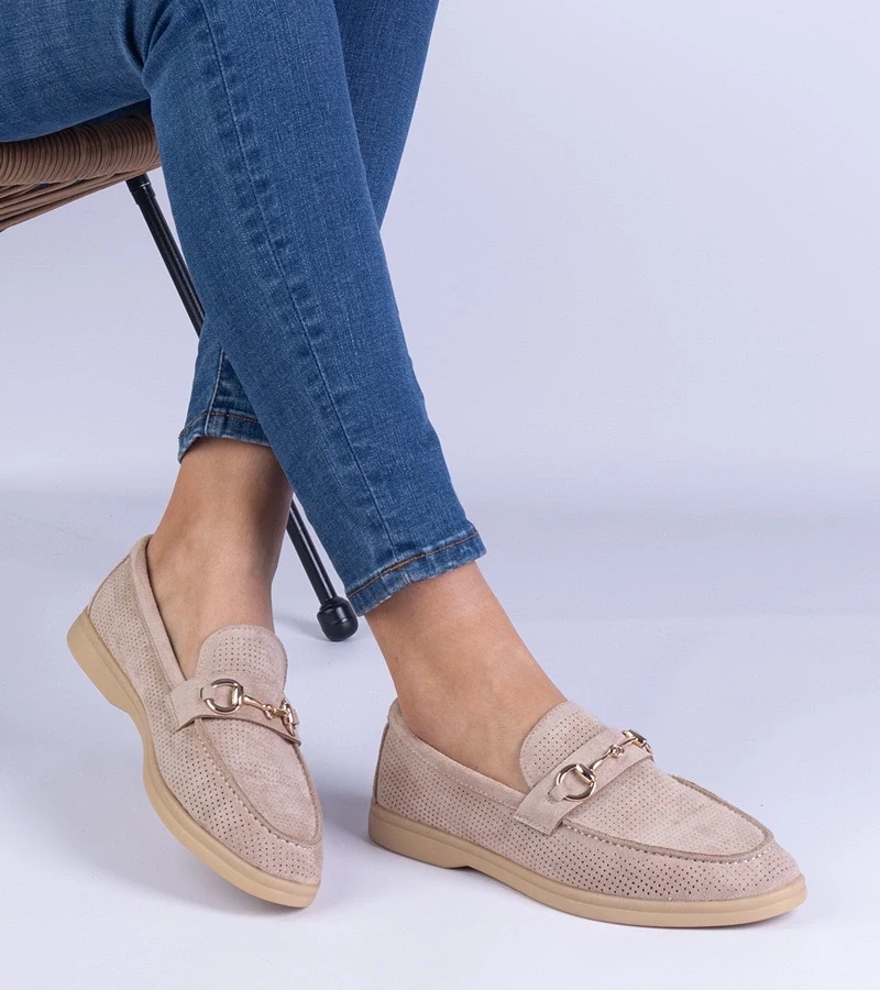 marka niezdefiniowana Brown eco-suede loafers with decorative perforation and gold embellishment Versatto