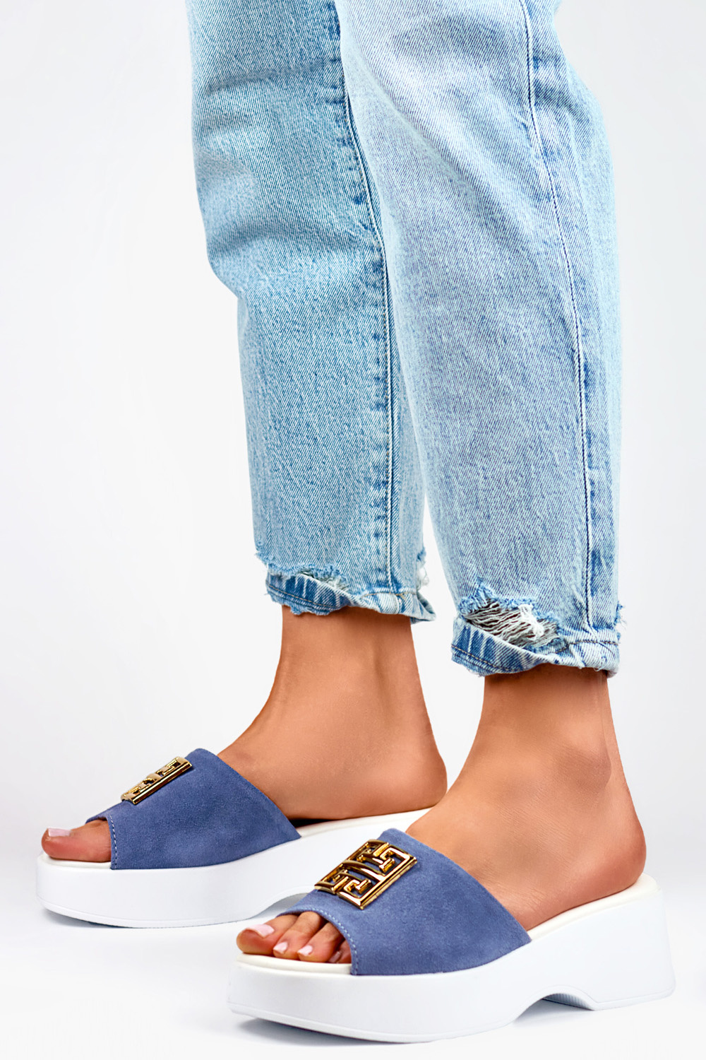 primohurt Blue jeans eleganckie wygodne klapki na grubej podeszwie